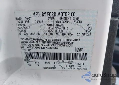 2008 Mercury Mariner Premier z USA, uszkodzony, nr VIN 4M2CU97128KJ29534